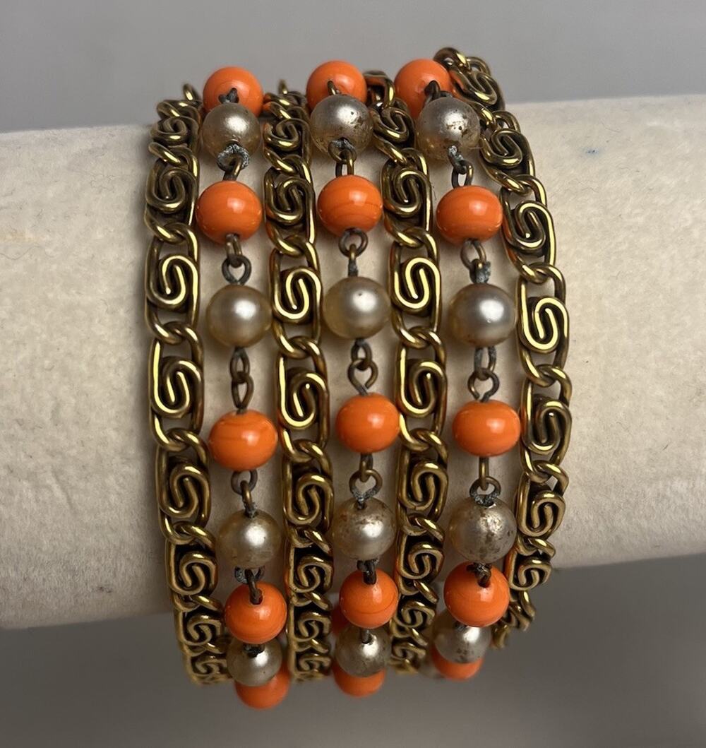 Ornate Gold Tone Orange Faux Pearl Bracelet Gold Tone Statement 7.5" Vintage